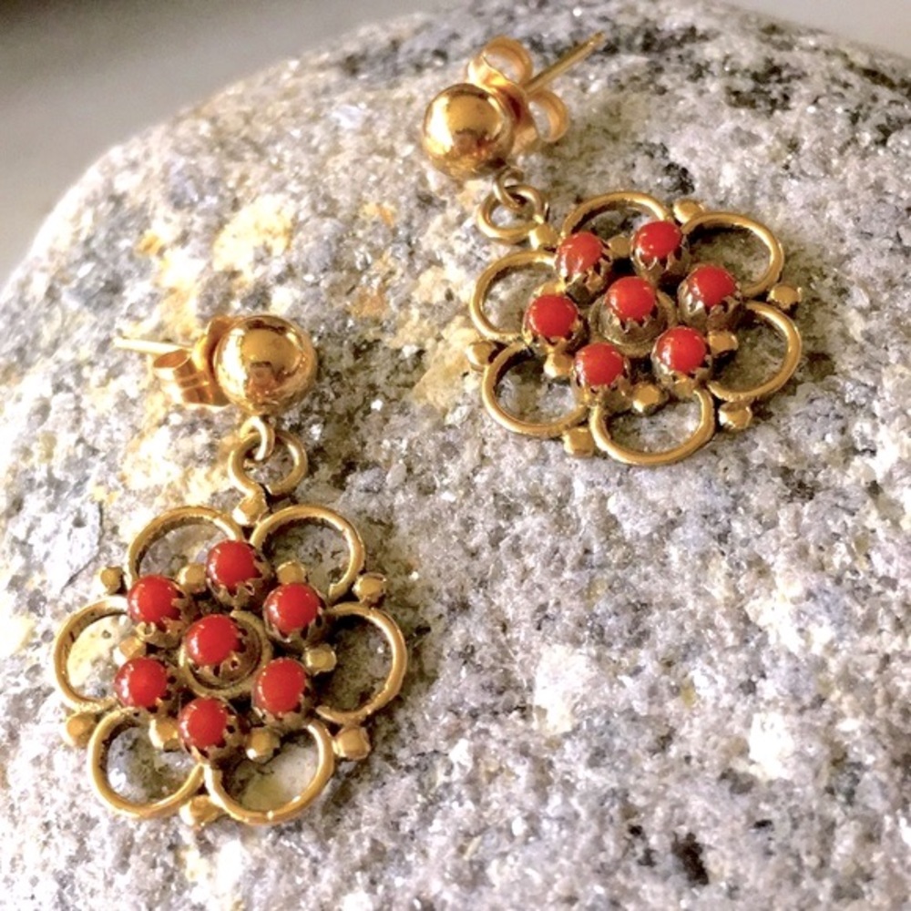 Vintage Zuni Native American Handcrafted 14K Red Coral Earrings - Picture 10 of 15